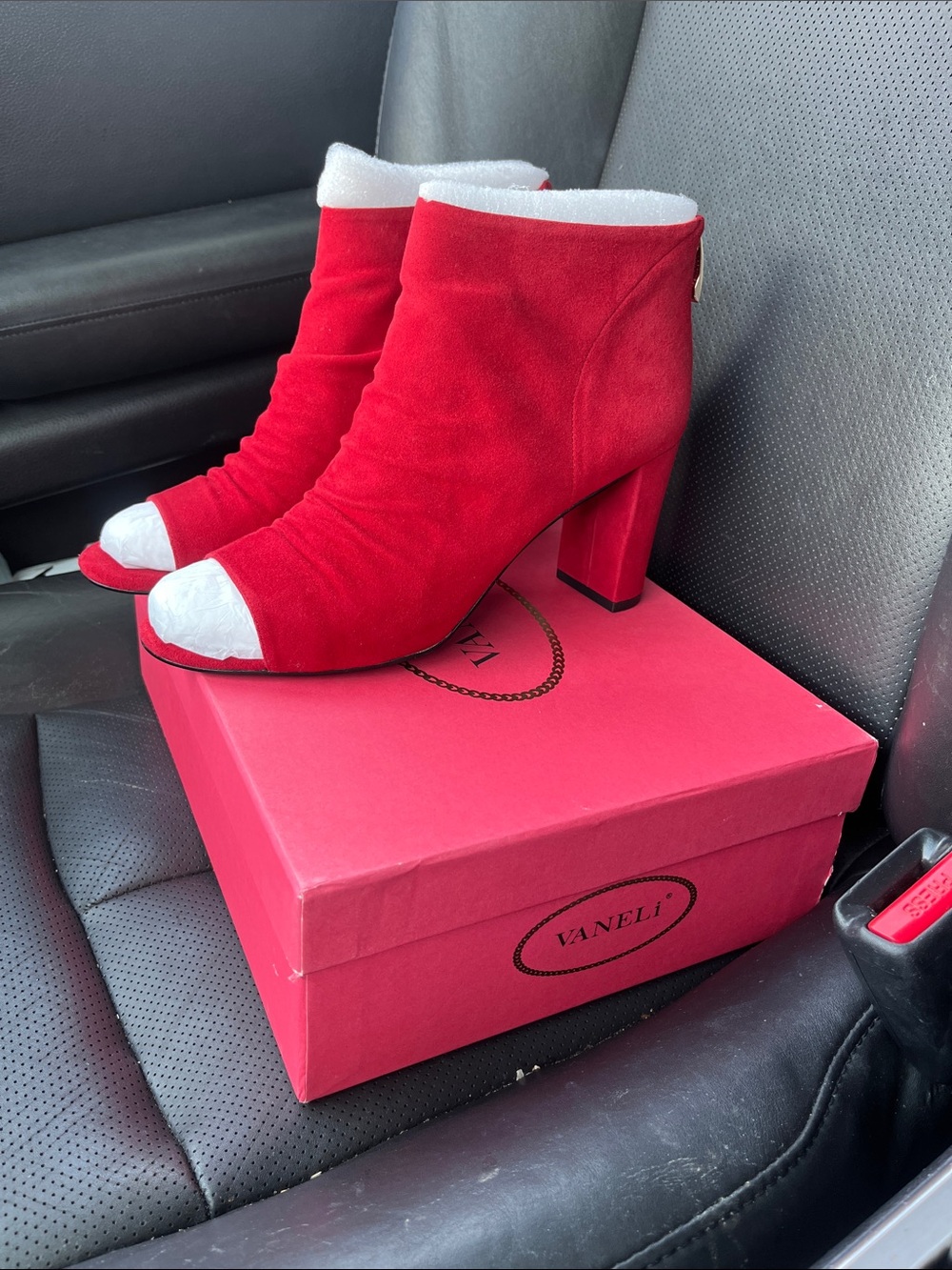 Vaneli Red Suede Open-Toe Block Heel Ankle Booties